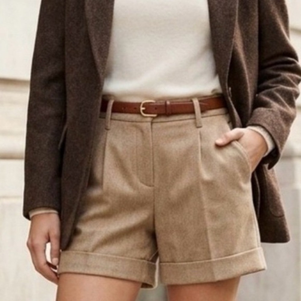Old Navy Womens 12 Tan Pleated Cuffed Wool Blend Tweed Shorts Mid-Rise Academia